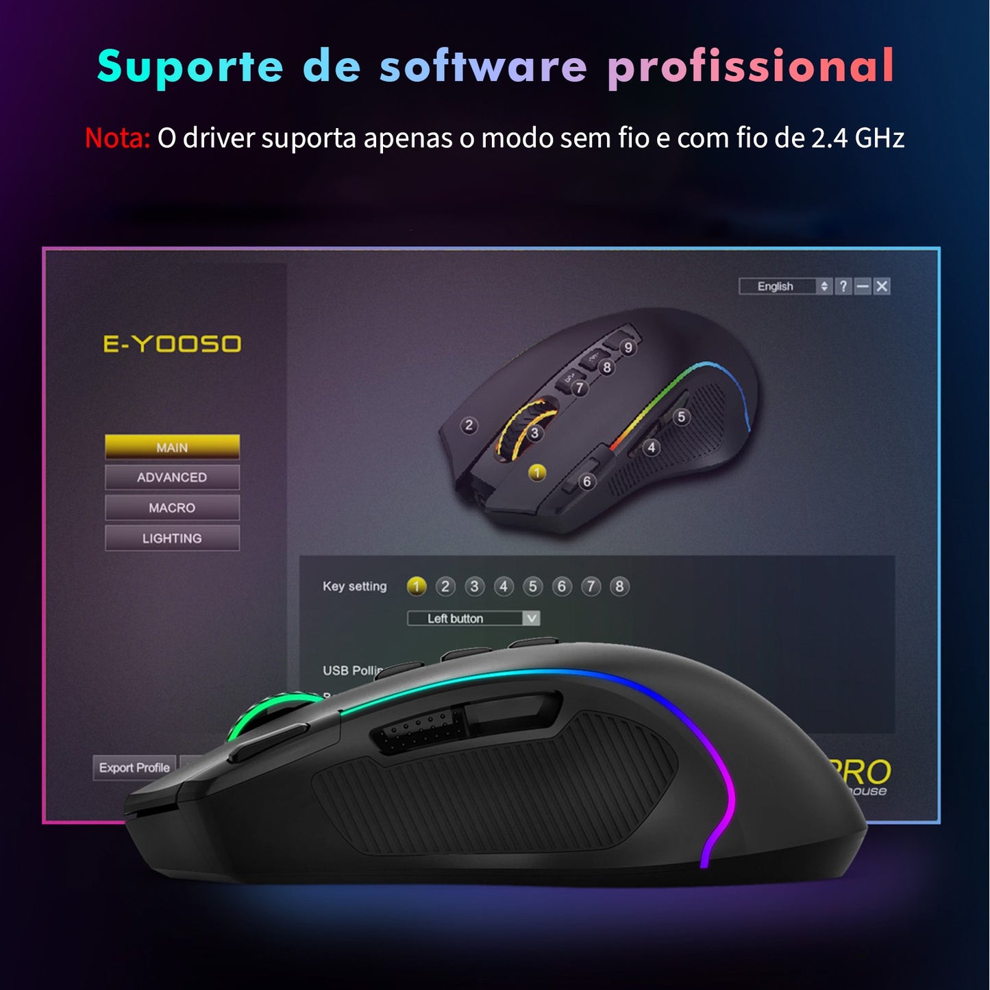 Mouse Gamer Tri-Mode 8000DPI - Bluetooth/2.4G/Cabo, 9 Botões Programáveis, Bater
