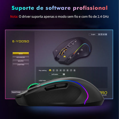 Mouse Gamer Tri-Mode 8000DPI - Bluetooth/2.4G/Cabo, 9 Botões Programáveis, Bater