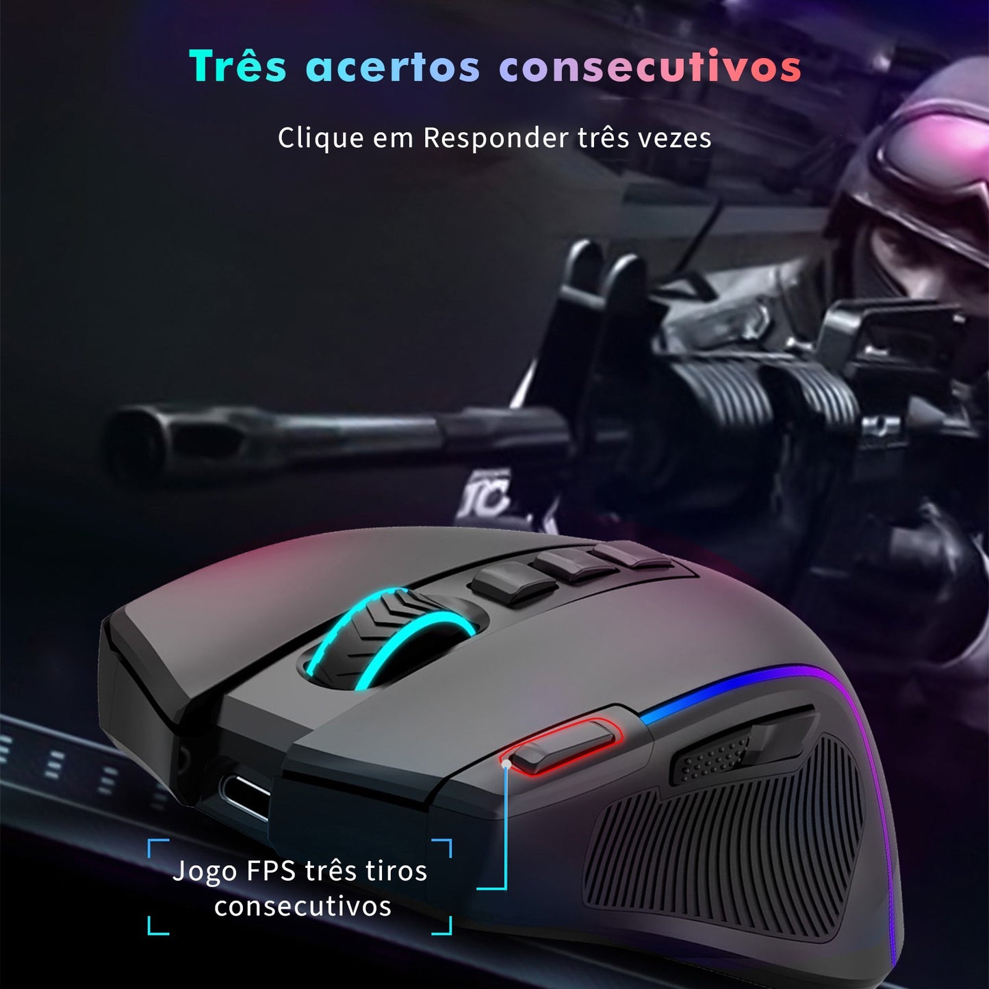 Mouse Gamer Tri-Mode 8000DPI - Bluetooth/2.4G/Cabo, 9 Botões Programáveis, Bater