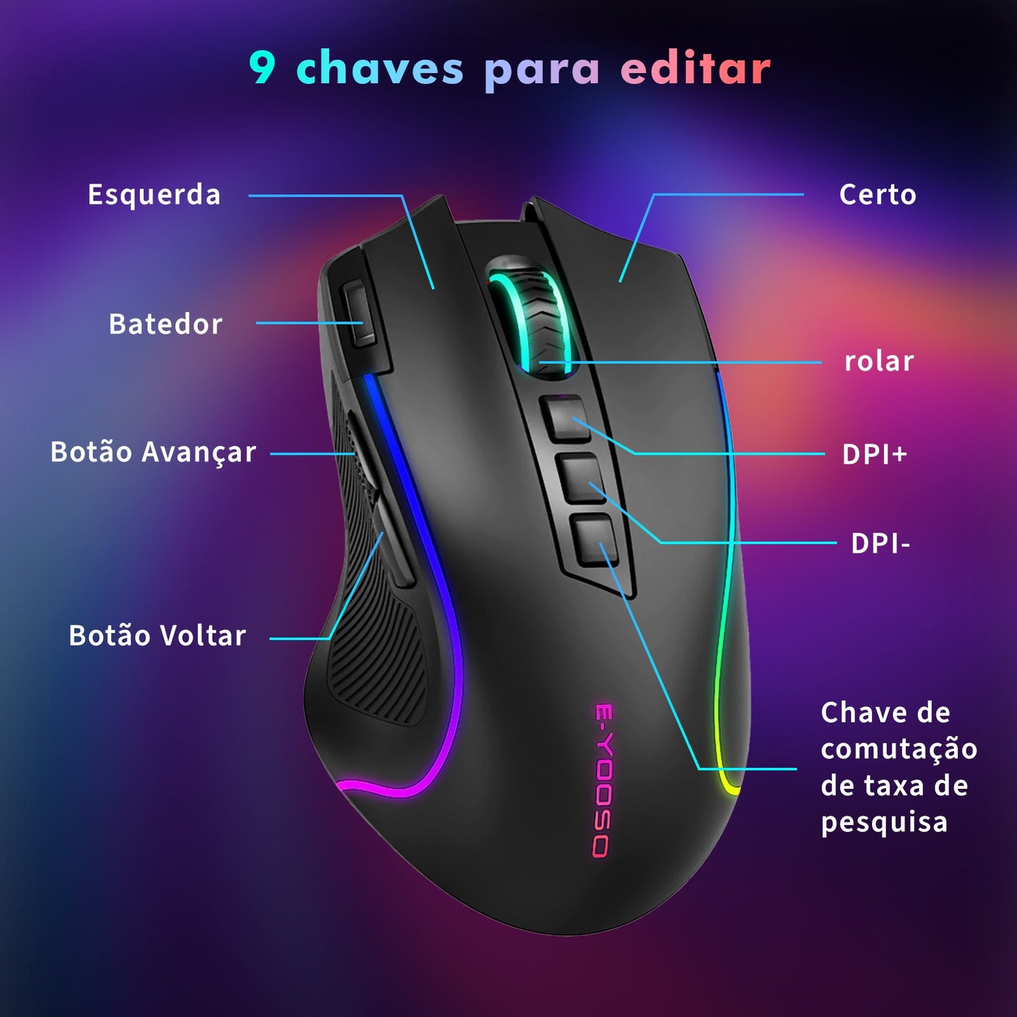 Mouse Gamer Tri-Mode 8000DPI - Bluetooth/2.4G/Cabo, 9 Botões Programáveis, Bater