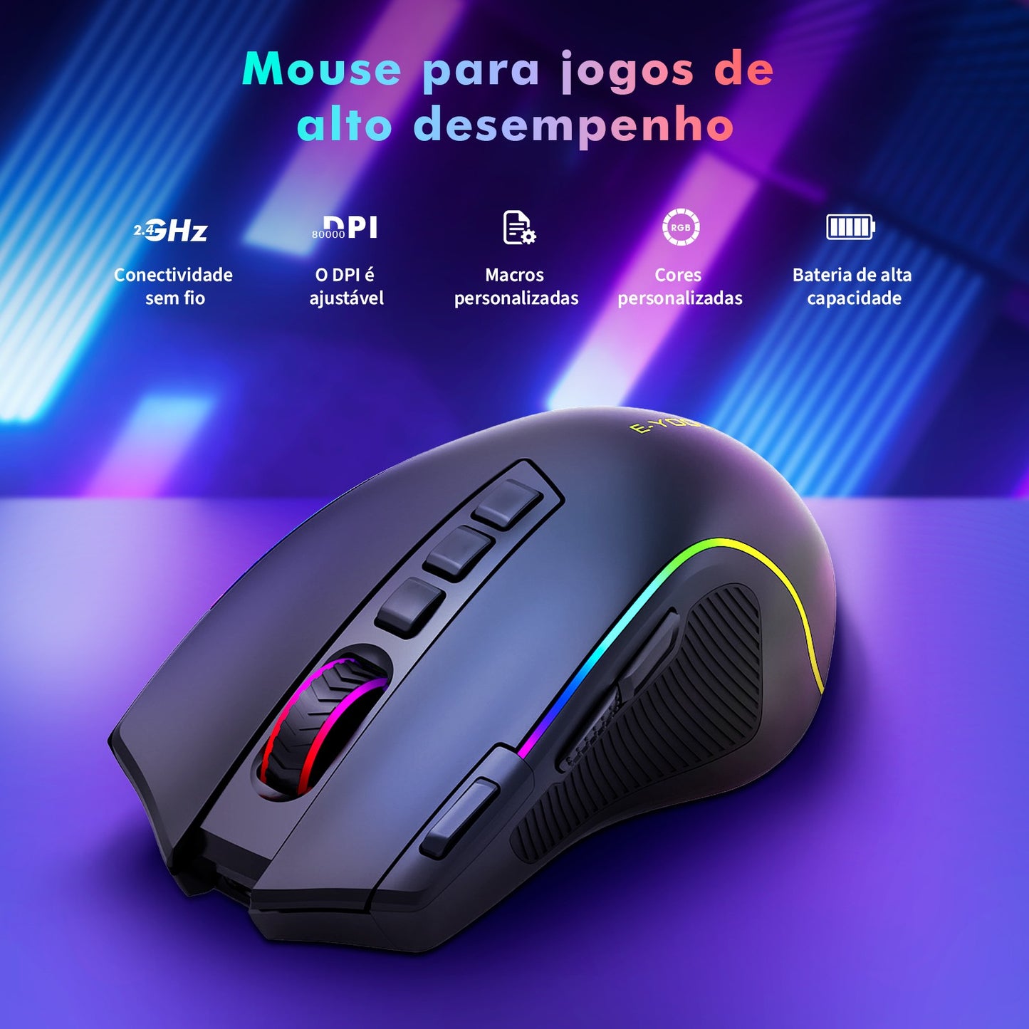 Mouse Gamer Tri-Mode 8000DPI - Bluetooth/2.4G/Cabo, 9 Botões Programáveis, Bater
