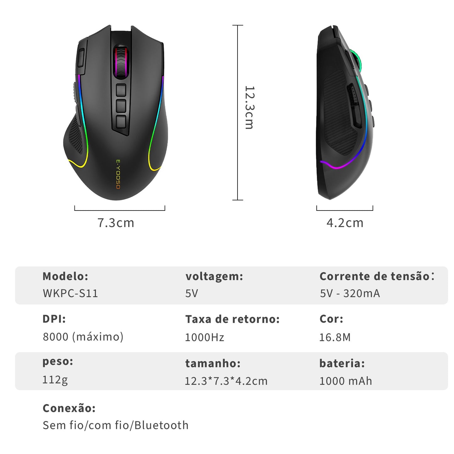 Mouse Gamer Tri-Mode 8000DPI - Bluetooth/2.4G/Cabo, 9 Botões Programáveis, Bater