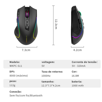 Mouse Gamer Tri-Mode 8000DPI - Bluetooth/2.4G/Cabo, 9 Botões Programáveis, Bater