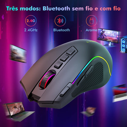Mouse Gamer Tri-Mode 8000DPI - Bluetooth/2.4G/Cabo, 9 Botões Programáveis, Bater