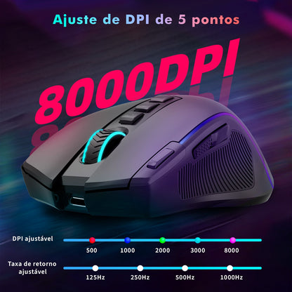 Mouse Gamer Tri-Mode 8000DPI - Bluetooth/2.4G/Cabo, 9 Botões Programáveis, Bater